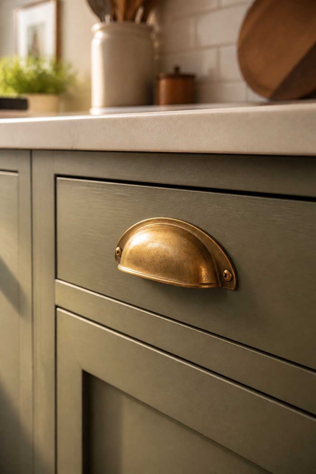 An unlacquered brass cup pull on sage green shaker cabinet — hardware that develops a living patina over time and improves with age.