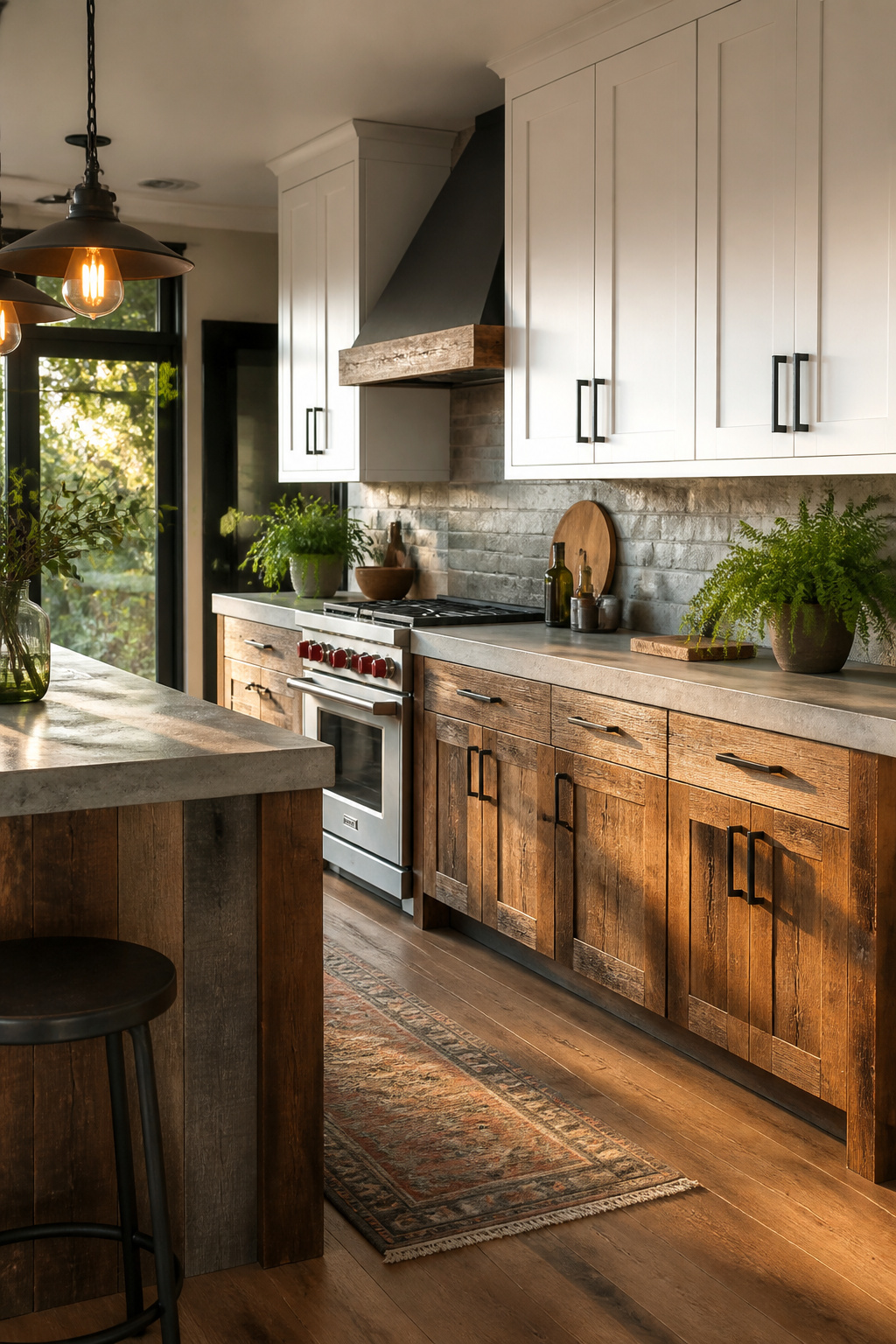 Reclaimed barn wood lower cabinet doors paired with white painted uppers — the warmth and texture of genuine aged wood cannot be fully replicated by new materials.