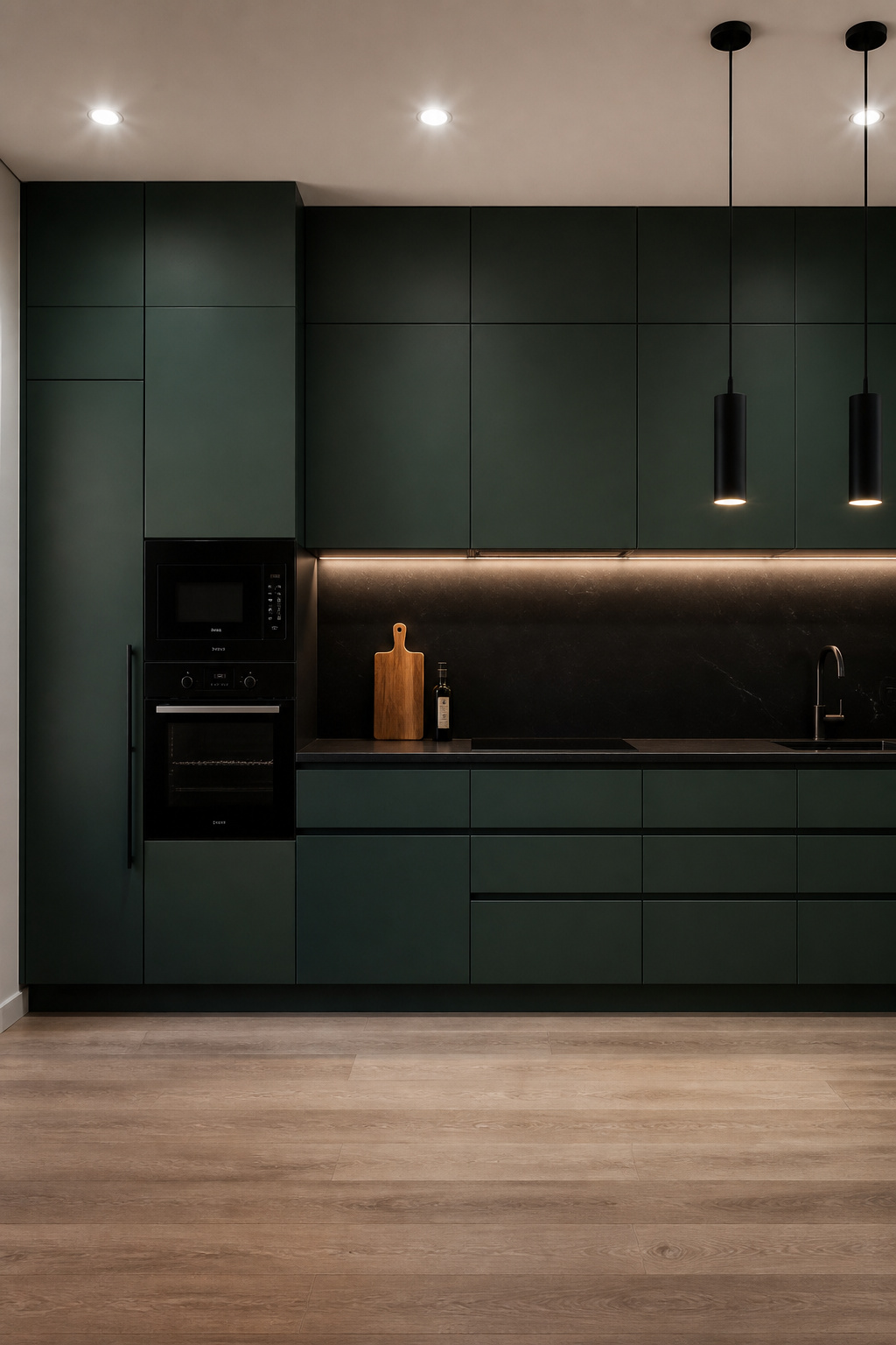 Matte green handleless kitchen cabinets with J-pull routing — the handleless concept refreshed in tactile matte finishes for 2025.