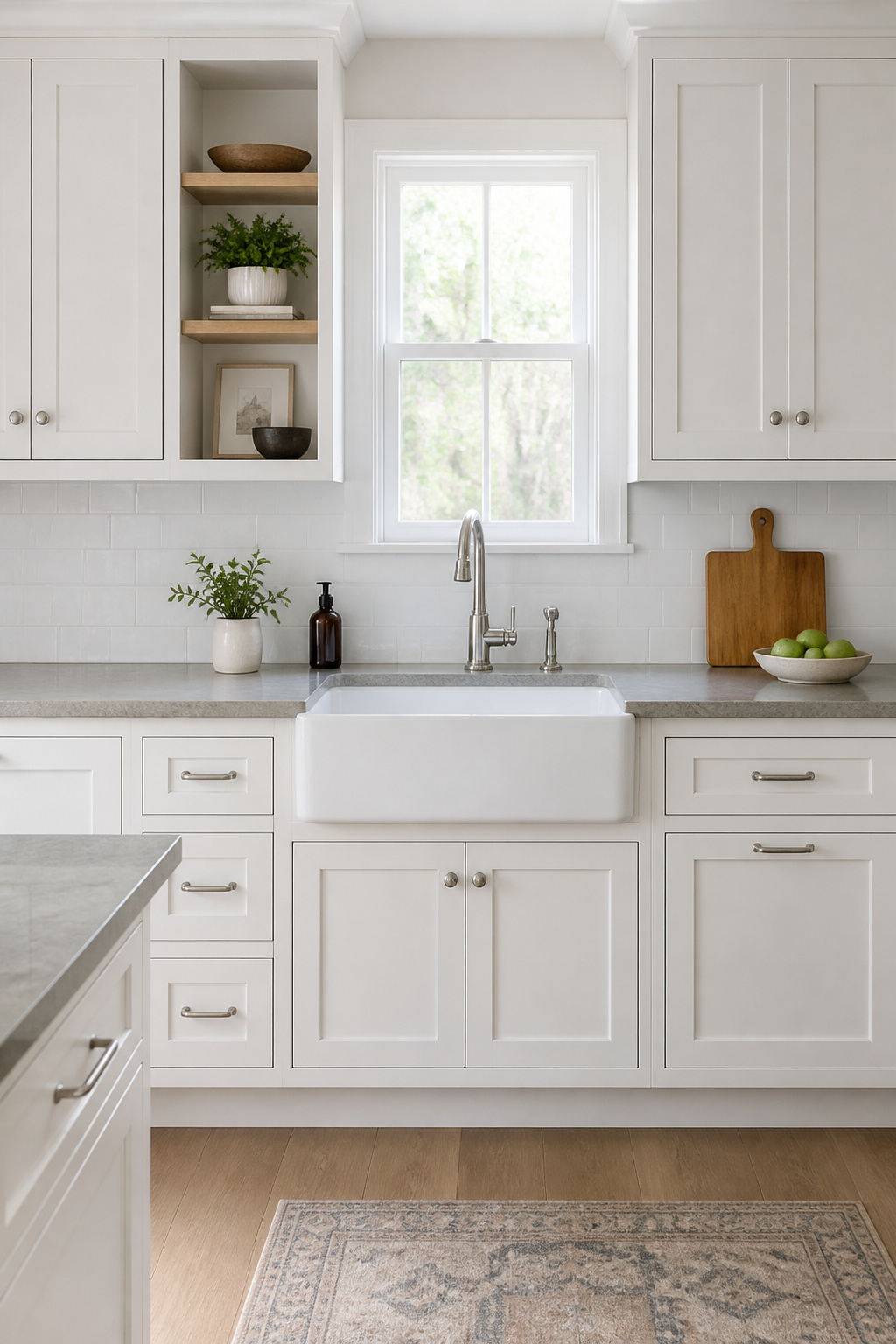 Shaker kitchen cabinets in classic white — the flat panel and frame construction has remained the most popular cabinet door style in North America for decades.