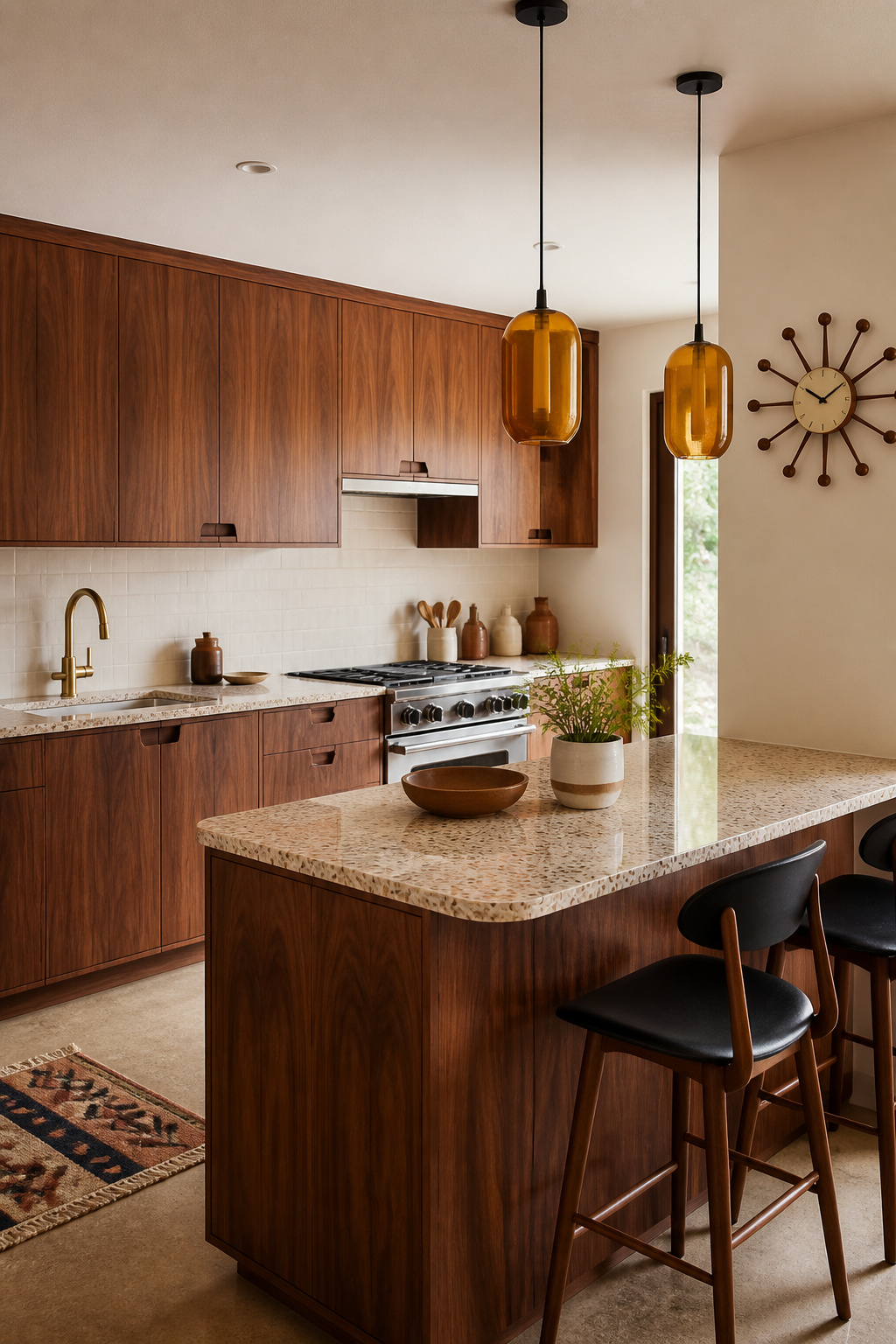 Flat-front walnut veneer cabinets with D-pull hardware and a terrazzo countertop — a mid-century modern kitchen that works equally in a 1960s bungalow or a contemporary apartment.