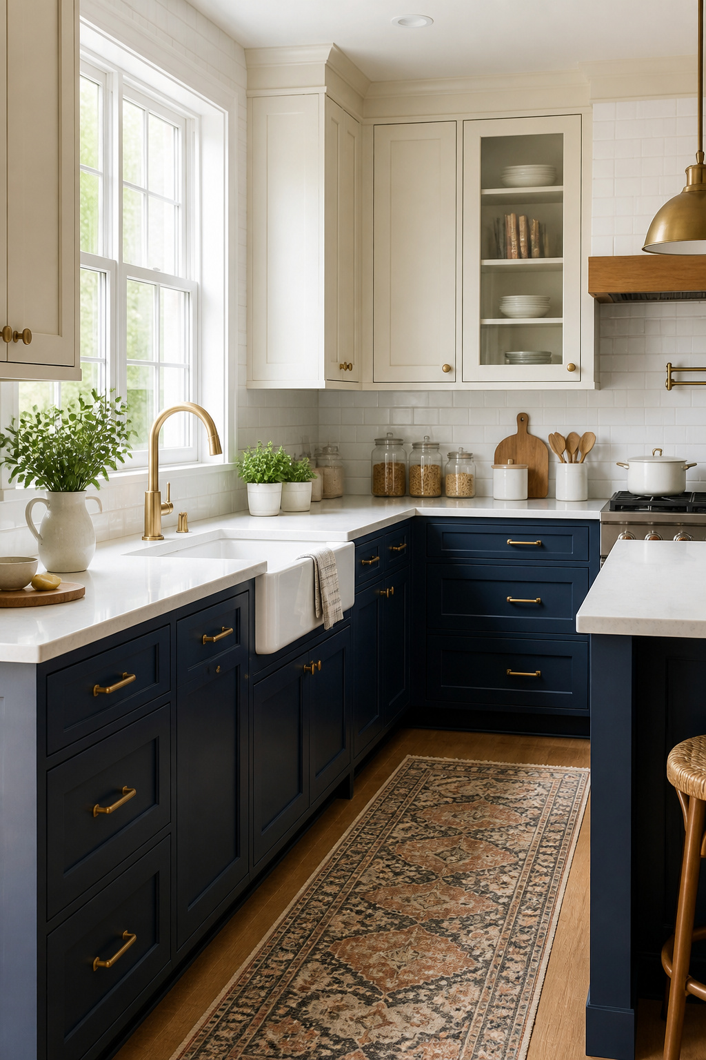Two-tone kitchen cabinets in navy and cream — a pairing that holds its appeal because the contrast works with nearly every countertop and backsplash material.