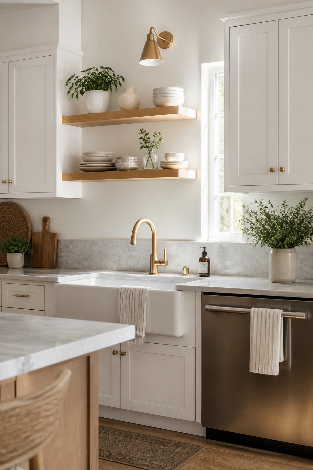 Floating shelves replacing the upper cabinets above the sink — a targeted mix of open and closed storage that keeps the kitchen feeling airy without sacrificing function.
