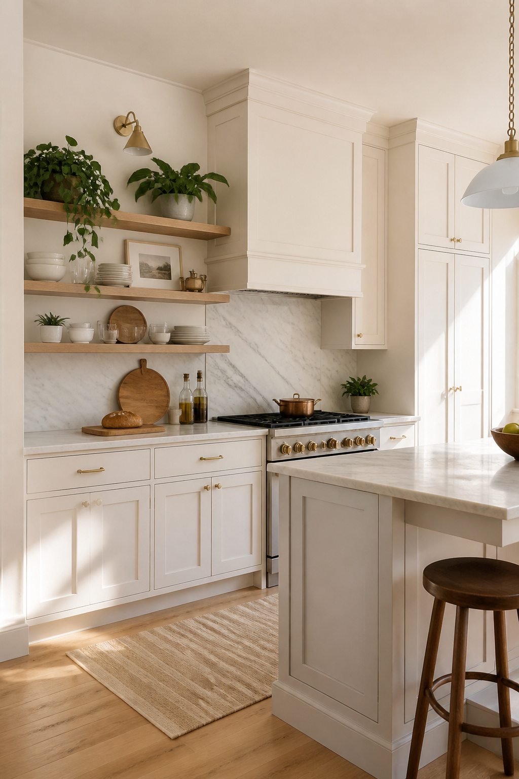 Warm white shaker cabinets with natural oak open shelving — pairing white cabinetry with natural wood elements is the dominant kitchen aesthetic in 2025.