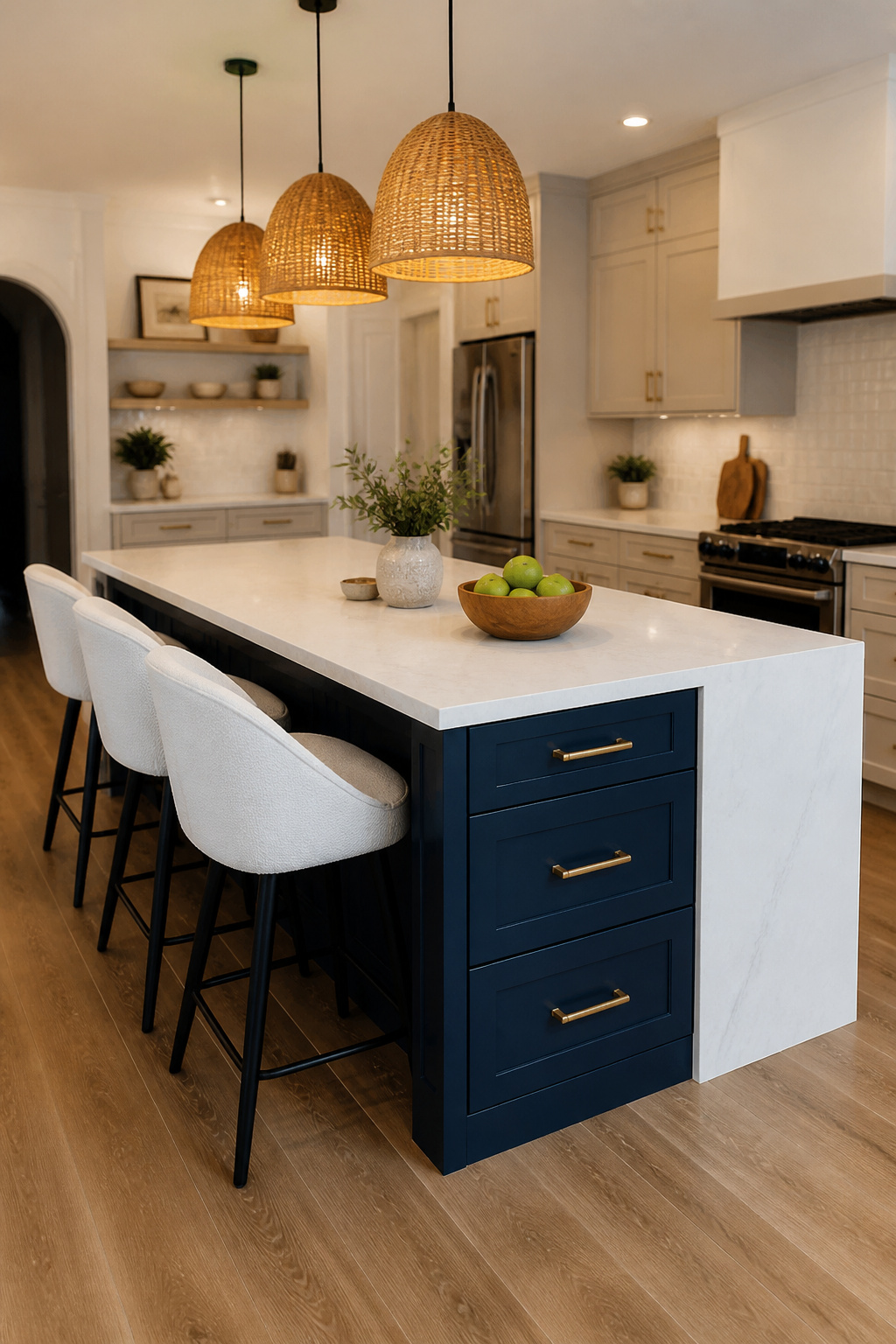 A navy island with white quartz waterfall countertop — a contrasting island is the kitchen design decision most homeowners say they regret not making sooner.