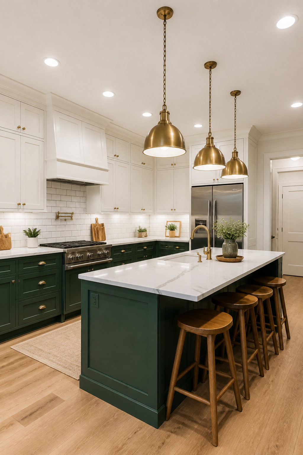 Forest green lower cabinets paired with white uppers and marble countertops — dark kitchen cabinets ideas work in almost any sized kitchen when lighting is handled first.