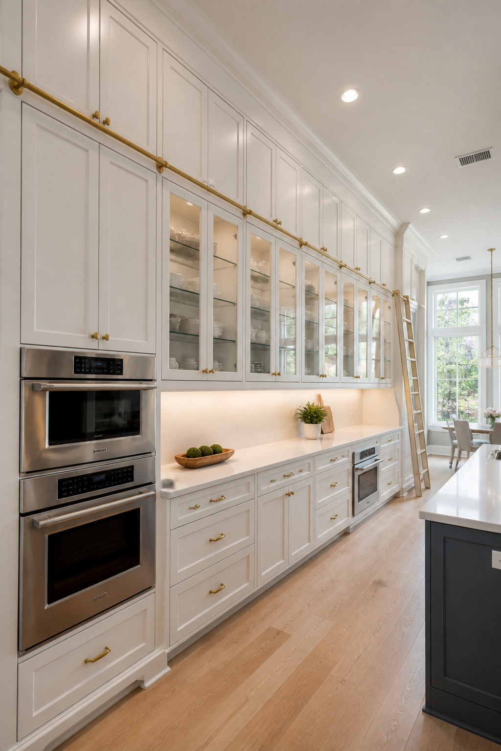 Floor-to-ceiling kitchen cabinets with a library ladder — the approach eliminates wasted overhead space and creates a dramatic sense of vertical scale.