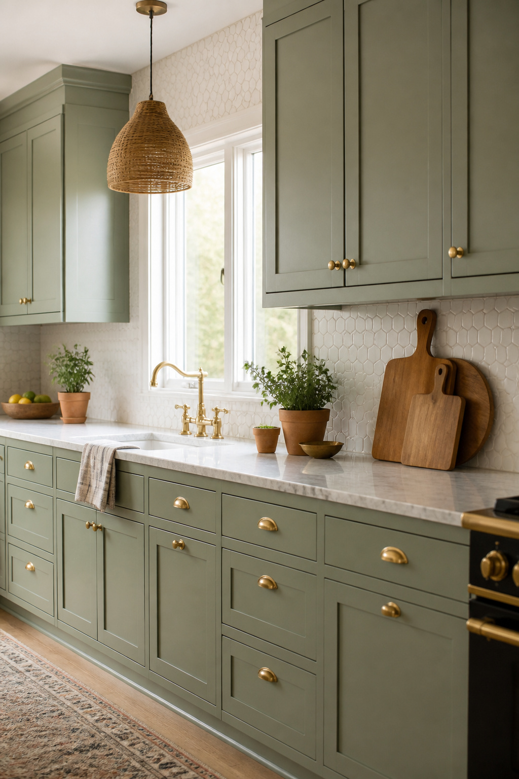 Sage green shaker kitchen cabinets with Carrara marble countertops and brass hardware — a combination that reads as both fresh and timeless across different home styles.