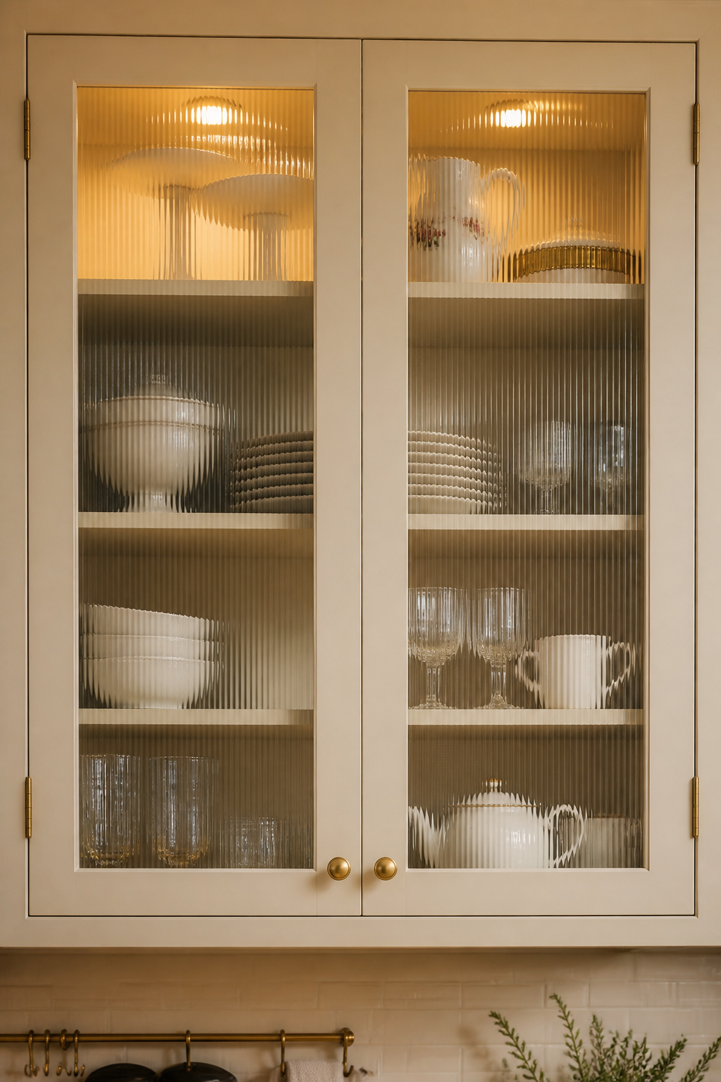 Reeded glass cabinet inserts with interior lighting — an approach that makes a kitchen feel curated rather than utilitarian.