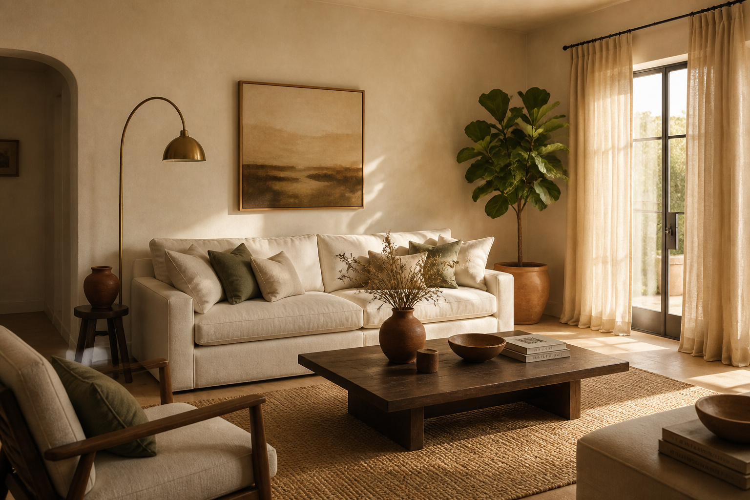 A warmly layered beige living room that shows how neutral tones, natural materials, and careful lighting work together to create a genuinely restorative space.