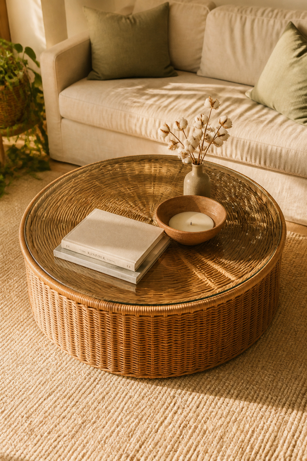 A rattan coffee table brings natural texture and visual lightness to a beige living room without competing with the palette around it.