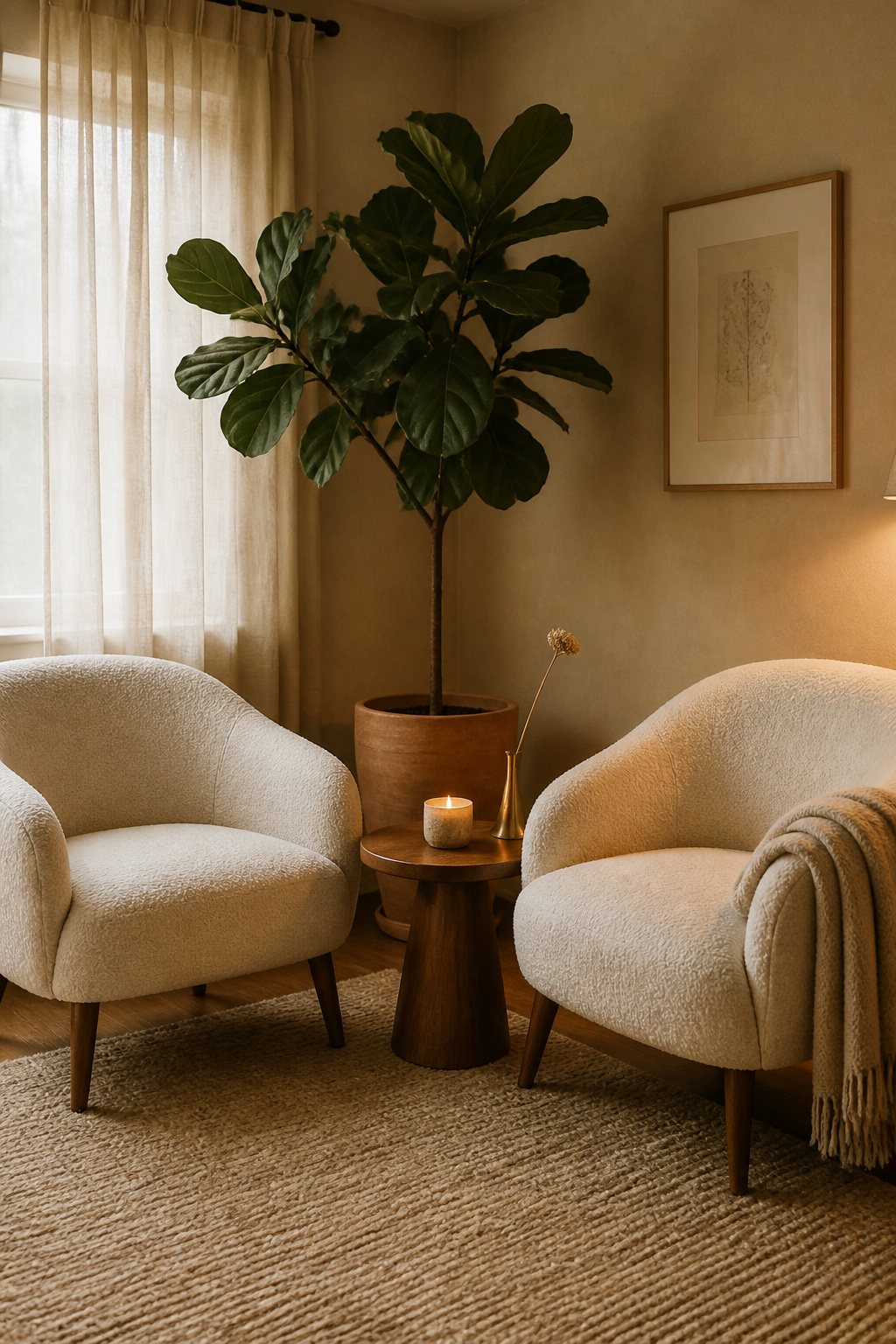 Two bouclé accent chairs create an intimate conversation corner that makes a beige living room feel considered and complete.