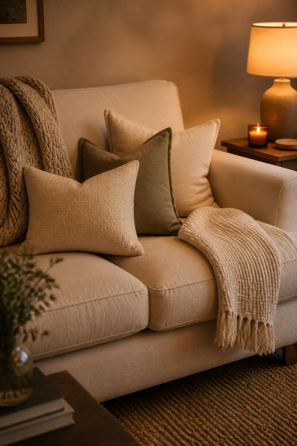 Layered throws in cream and camel tones complete a beige living room sofa arrangement while adding practical warmth and textural depth.