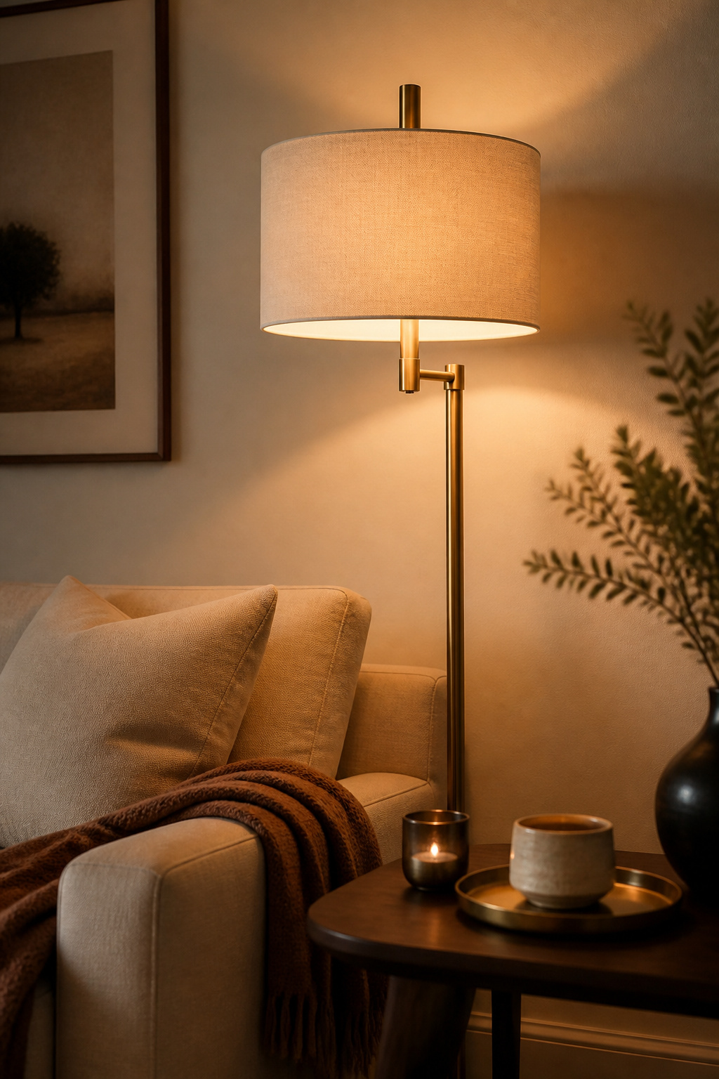 Warm brass and bronze accents give a beige living room the lifted, luminous quality that purely neutral schemes can lack.