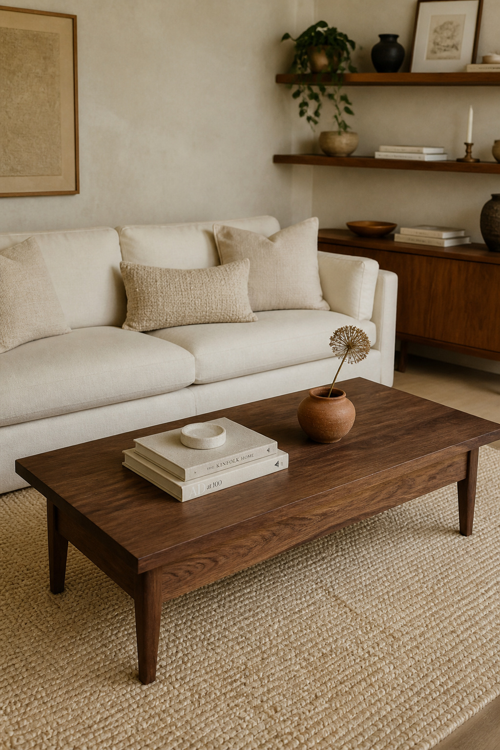 A solid walnut coffee table introduces richness and depth that lifts neutral living room ideas from quiet to genuinely warm.
