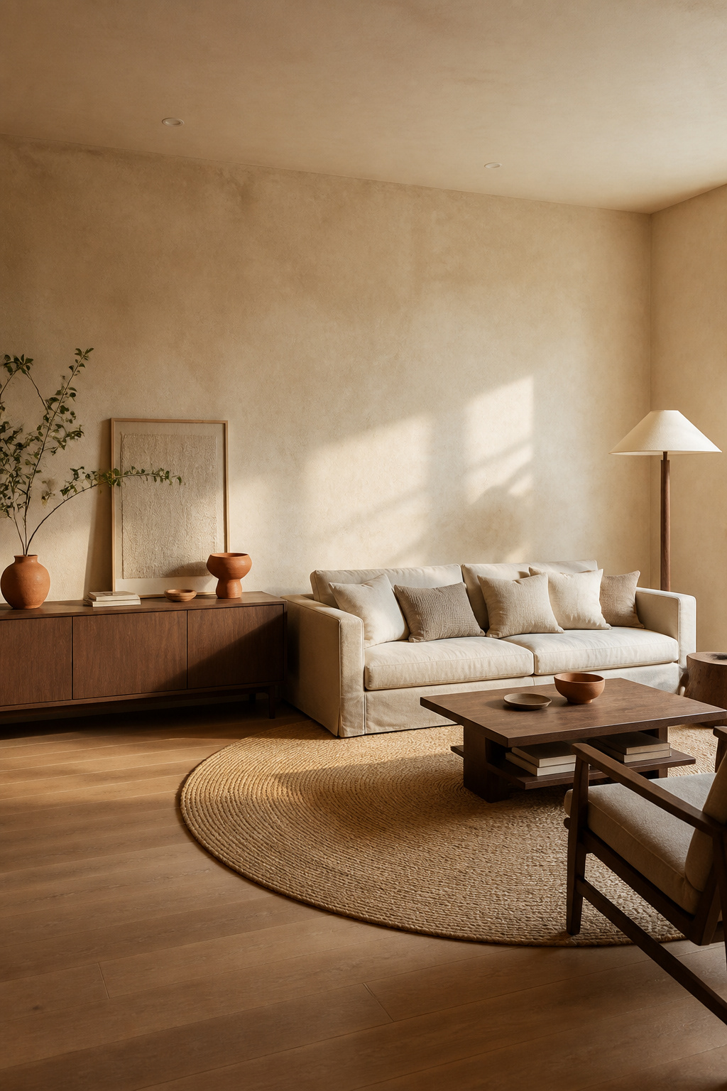Limewash walls give a beige living room a richness and organic depth that flat paint simply cannot achieve.
