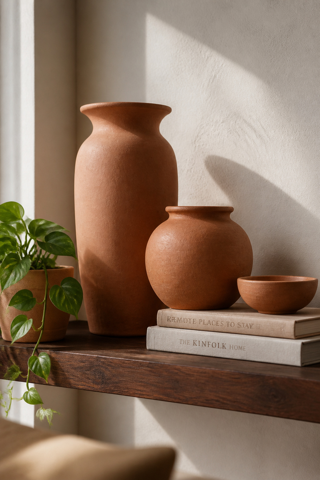 A grouping of terracotta pottery pieces brings earthy grounding to a beige living room without disrupting the neutral palette.