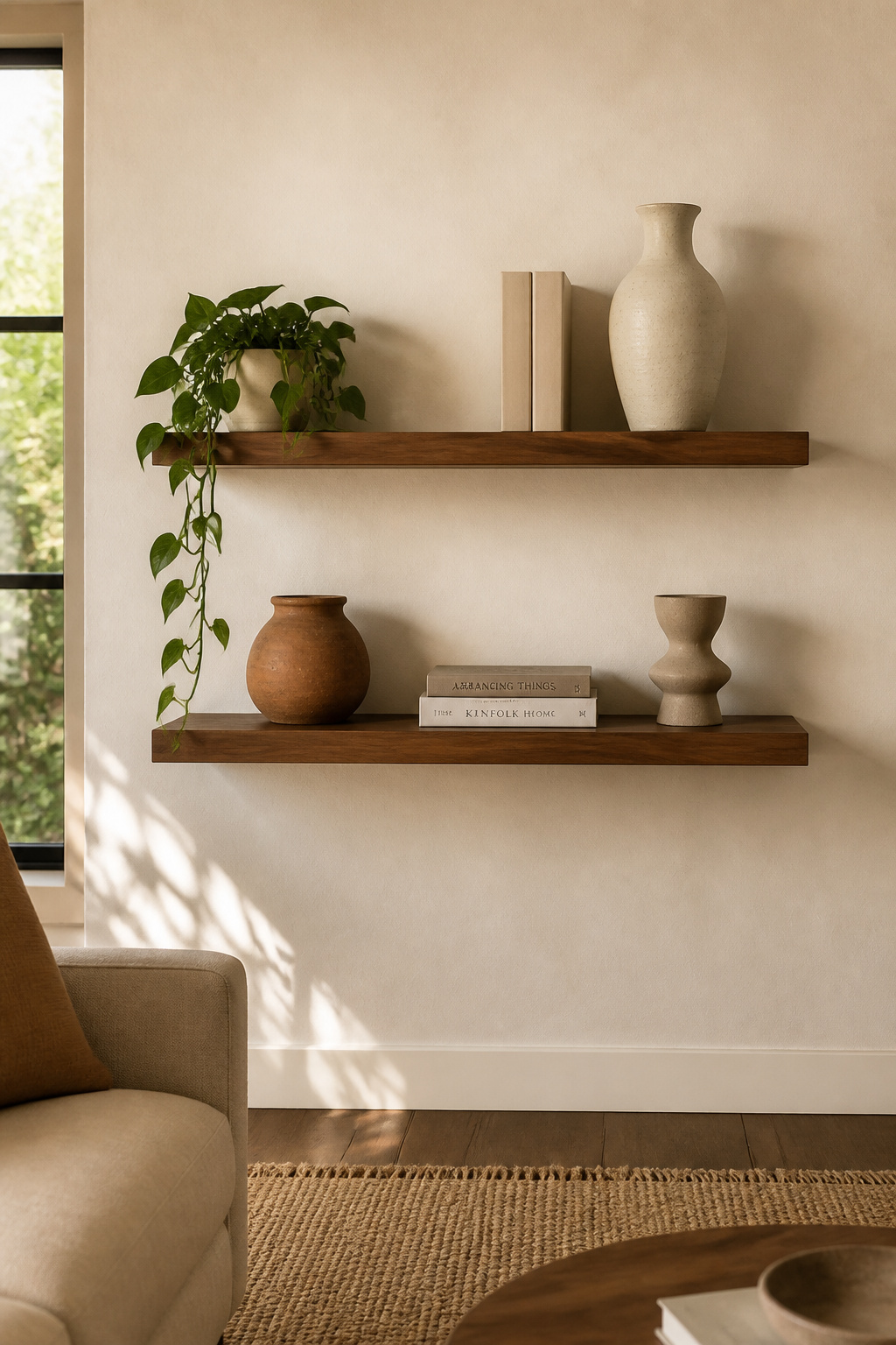 Minimal shelf styling in a beige living room keeps negative space as intentional as the objects — the result feels curated rather than decorated.
