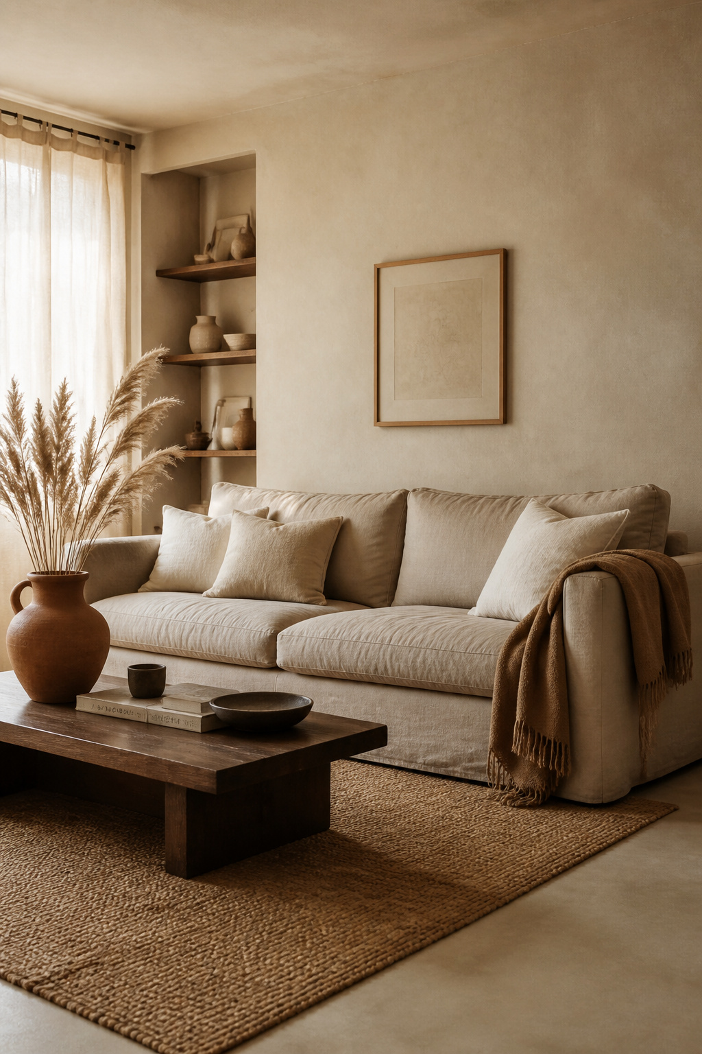 A natural linen sofa anchors this beige living room with an effortless warmth that synthetic fabrics simply cannot replicate.