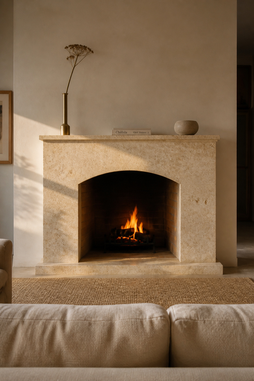 A travertine fireplace surround brings natural stone's depth and warmth into the heart of a beige living room.