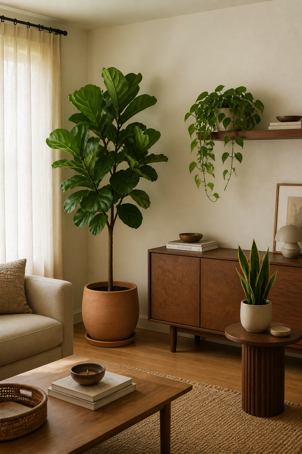 A mix of plants at different heights brings organic life and natural warmth to a beige living room.
