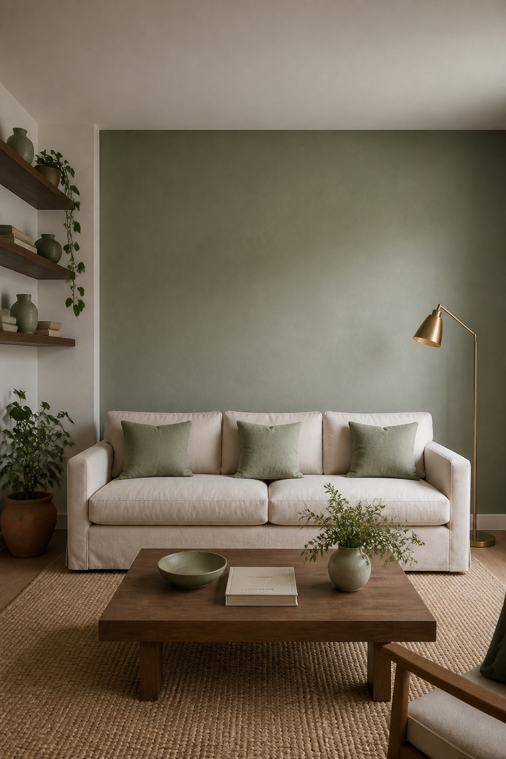 Sage green and beige together create a living room palette that feels genuinely restorative — not just visually quiet but physiologically calming.