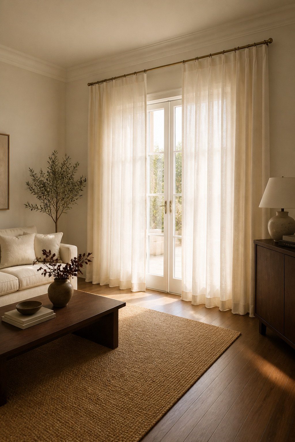 Floor-length linen curtains hung high create an airy, serene quality in a beige living room and make the space feel taller.