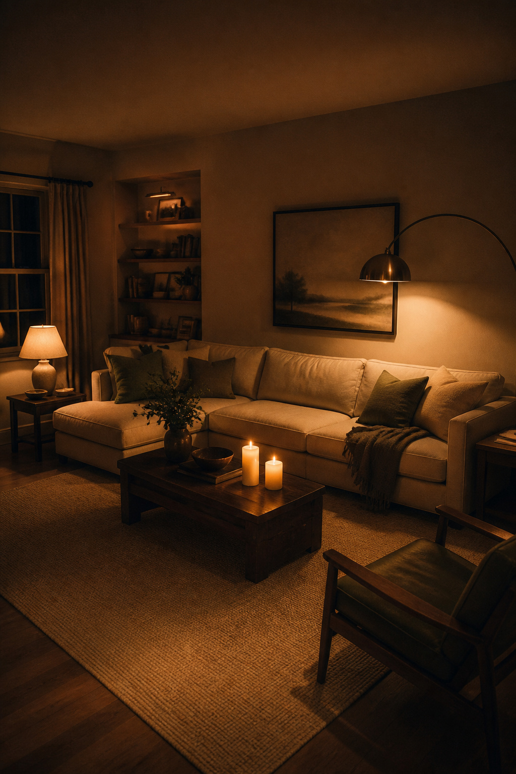 Layered lighting transforms a beige living room from flat and uninspiring to warm and genuinely inviting after dark.