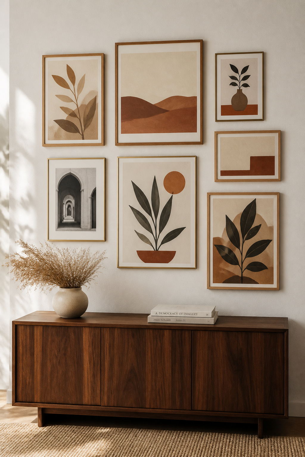 A gallery wall in warm earth tones adds personal character to a beige living room without disrupting its carefully balanced palette.