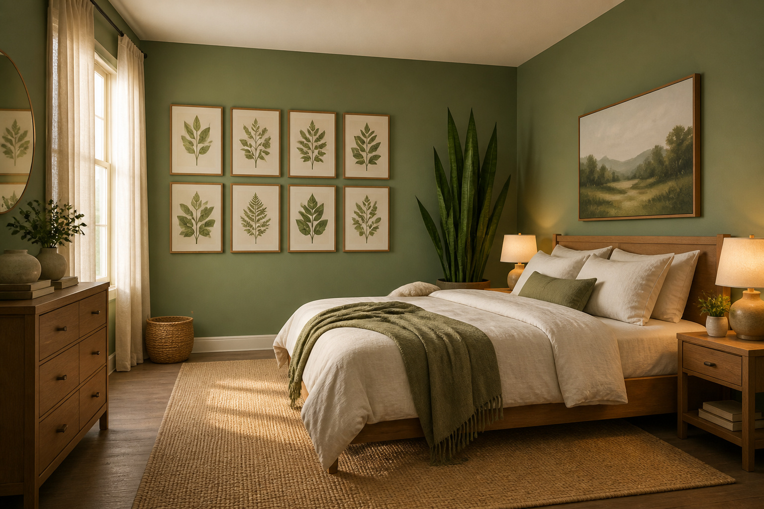 A fully realised green bedroom — sage walls, cream linen, natural wood, and living plants — creates the kind of restorative, nature-immersed space that genuinely supports better sleep.
