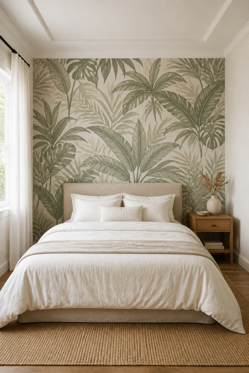 A botanical wallpaper accent wall behind the bed transforms the room's character without overwhelming the space — medium-scale leaves in muted green tones work in most room sizes.