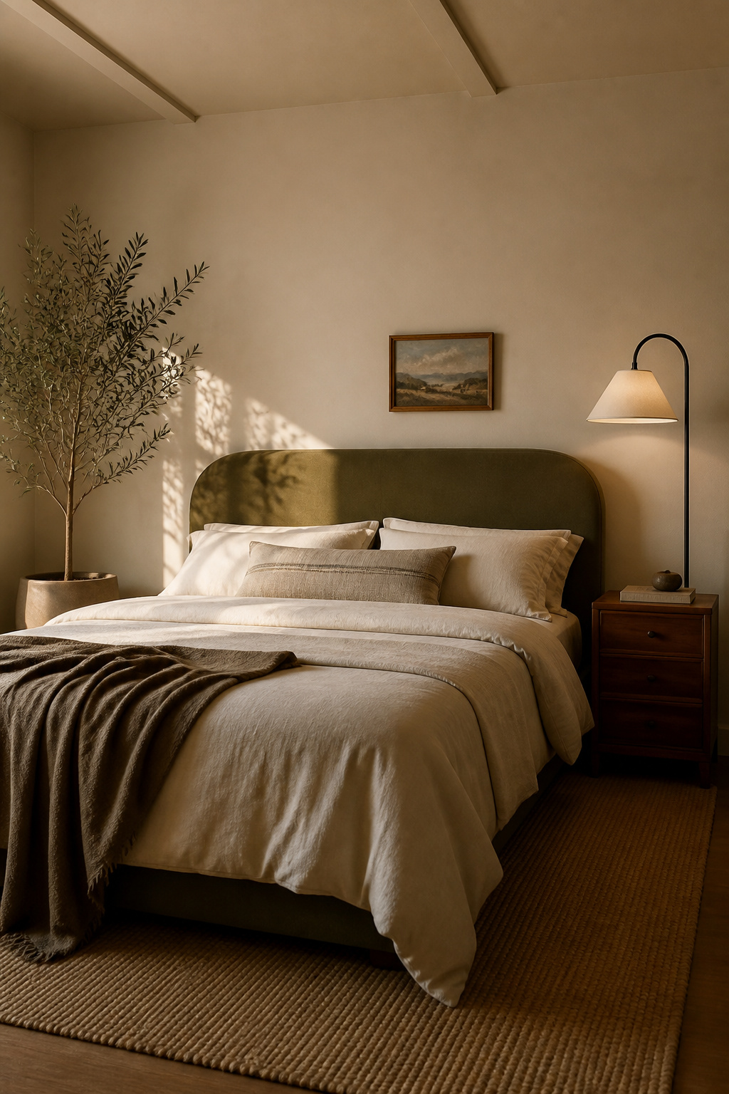 An olive velvet headboard anchors the bedroom palette with earthy warmth — paired with cream bedding and walnut wood, it creates a grounded, nature-inspired atmosphere.