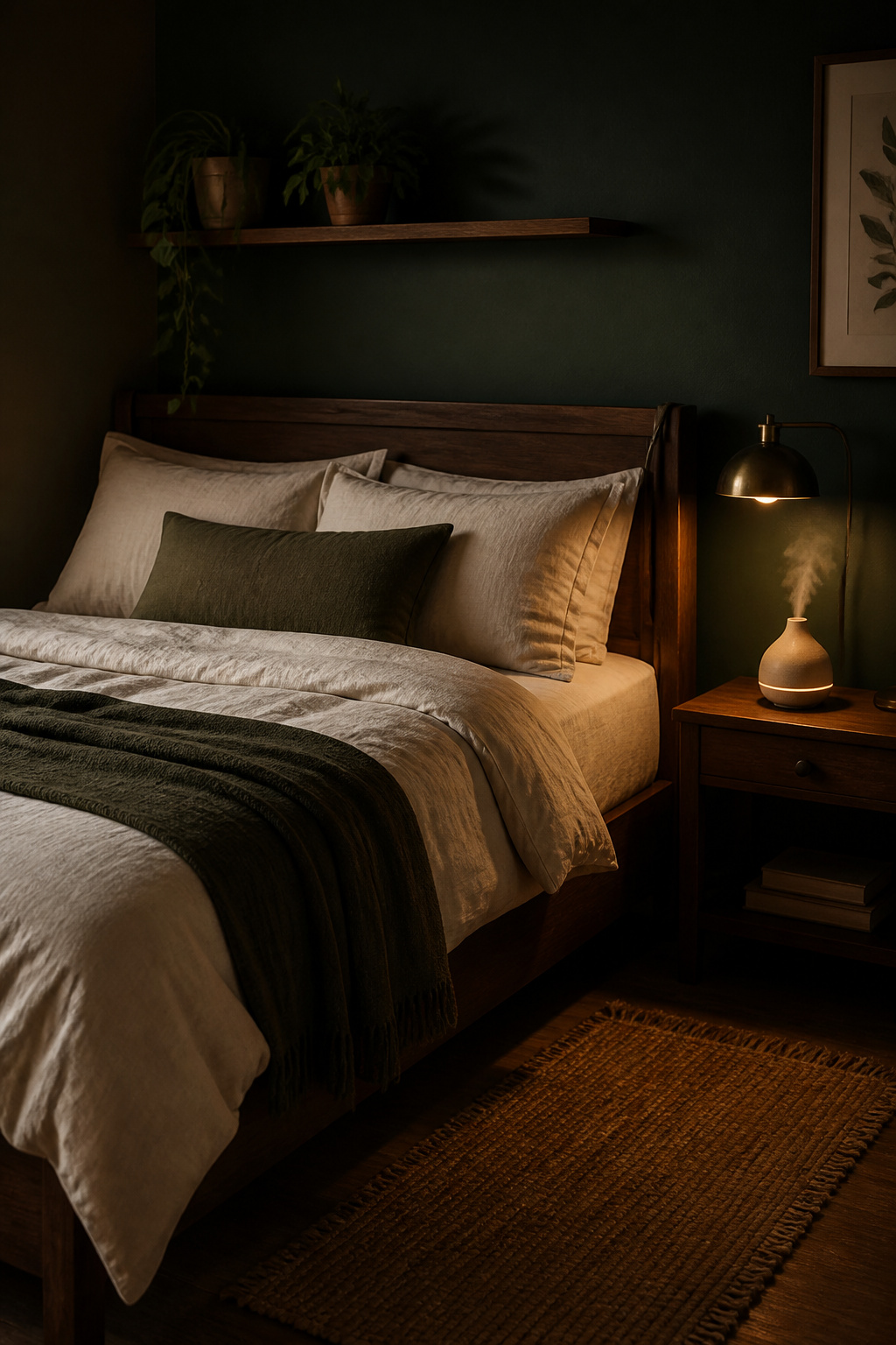Forest green walls bring the calm of the outdoors inside — this bedroom uses Farrow & Ball Studio Green with walnut furniture and cream linen for an immersive, nature-inspired retreat.