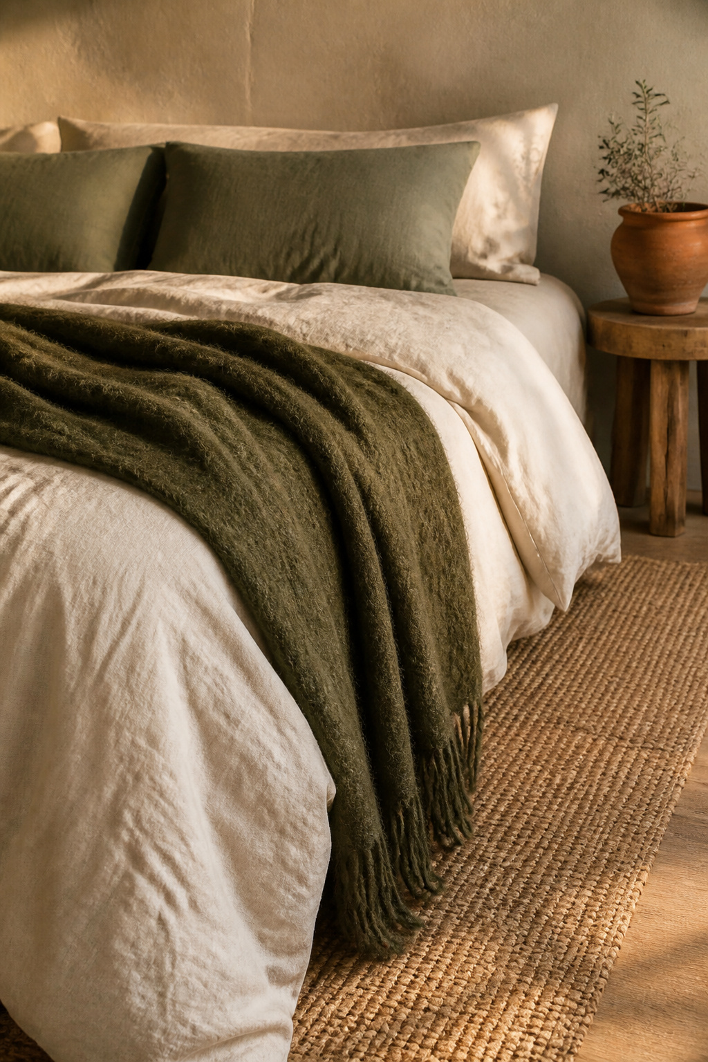 Mossy green wool and linen textiles bring immediate warmth and natural depth to a bedroom — the key is layering different textures within the same green family.