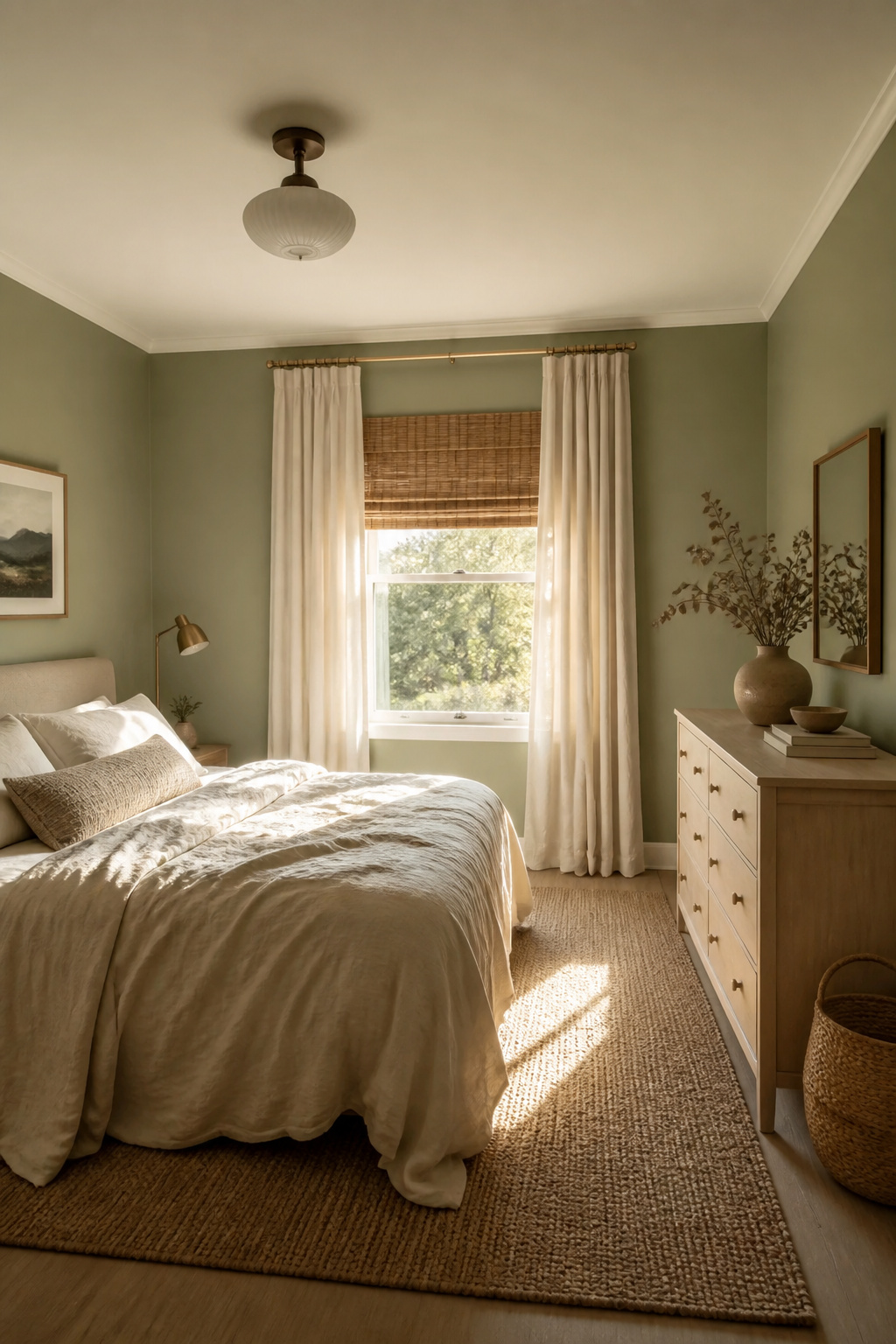 Sage and cream is the most universally reliable green bedroom combination — both shades share warm undertones that align naturally in any light condition.