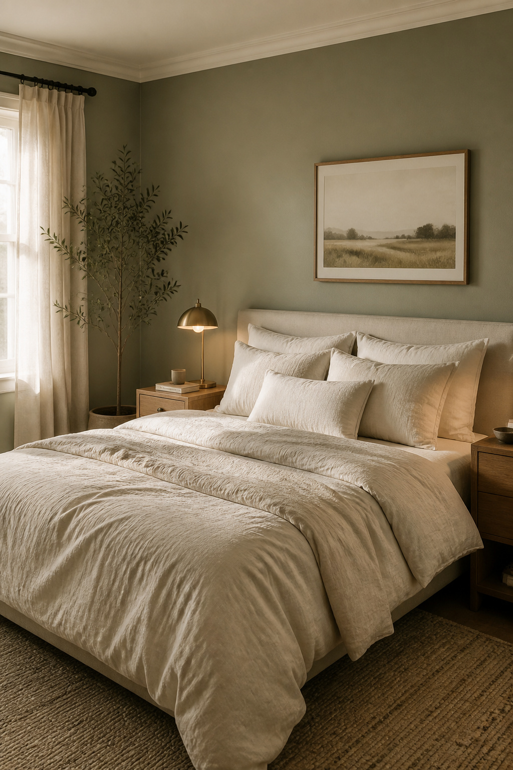 Sage green walls create an immediately grounding atmosphere — this bedroom palette uses Sherwin-Williams Clary Sage with cream linen bedding and warm oak furniture for a restful, nature-inspired result.