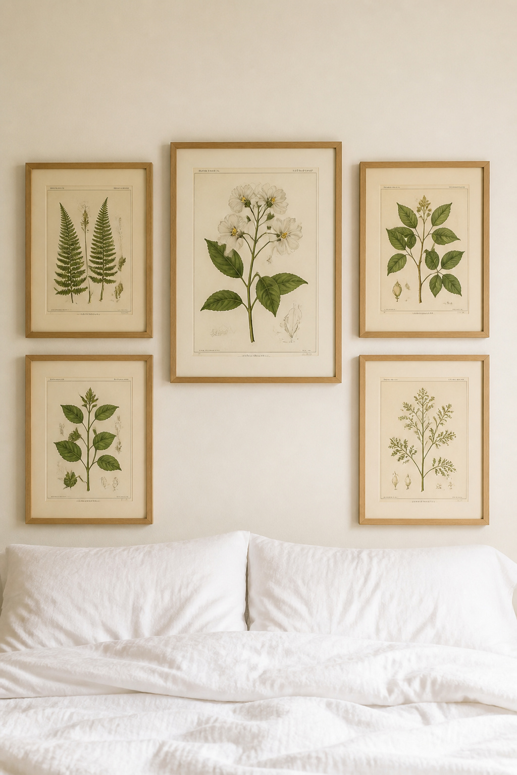 A botanical print gallery wall creates a nature-immersed bedroom atmosphere at minimal cost — vintage illustrations from the Biodiversity Heritage Library are free to download and print.