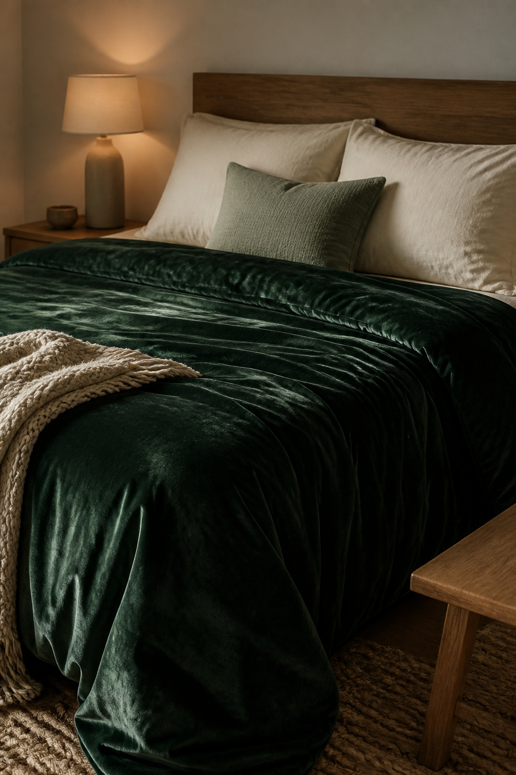 Emerald velvet bedding adds immediate richness to any bedroom — the key is keeping everything else neutral so the jewel tone can breathe.