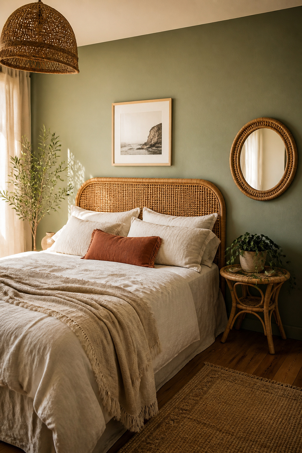 Rattan and sage green are natural partners — both organic in origin, both warm in tone. This bedroom combines a woven rattan headboard with sage walls and cream linen for a grounded boho result.