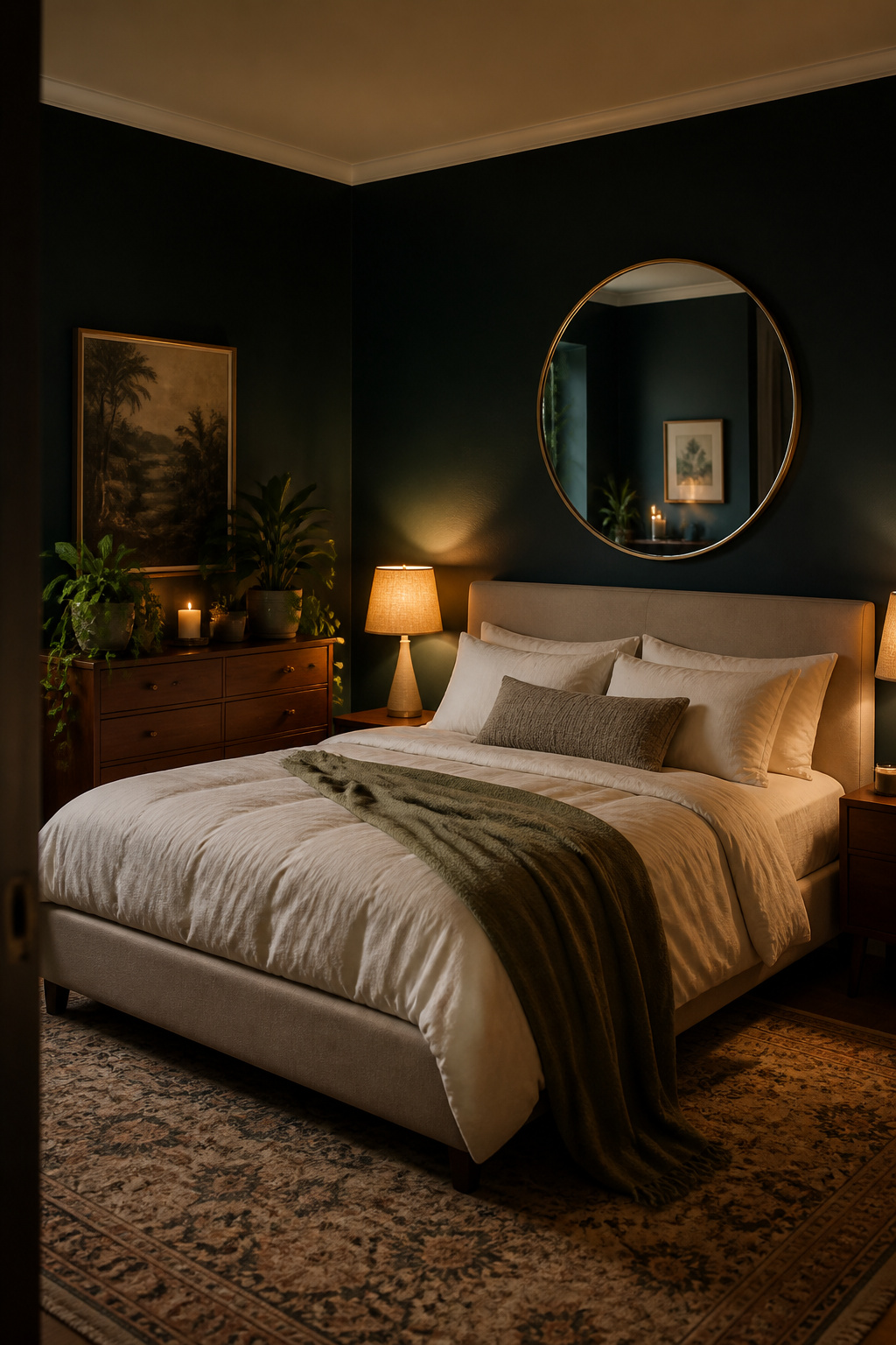 Bottle green walls create an immersive, restorative bedroom cocoon — the key is adding warm lamp light, mirrors, and cream textiles so the depth reads as cosy rather than gloomy.