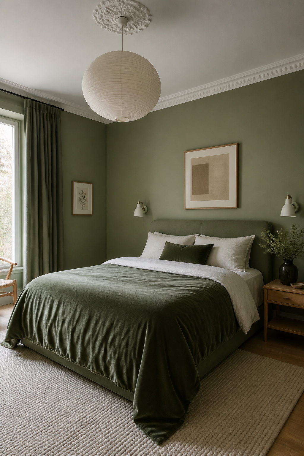 A tonal green bedroom uses three shades — pale sage walls, mid forest-green bedding, deep olive accent — with texture as the differentiator to keep it from looking flat.