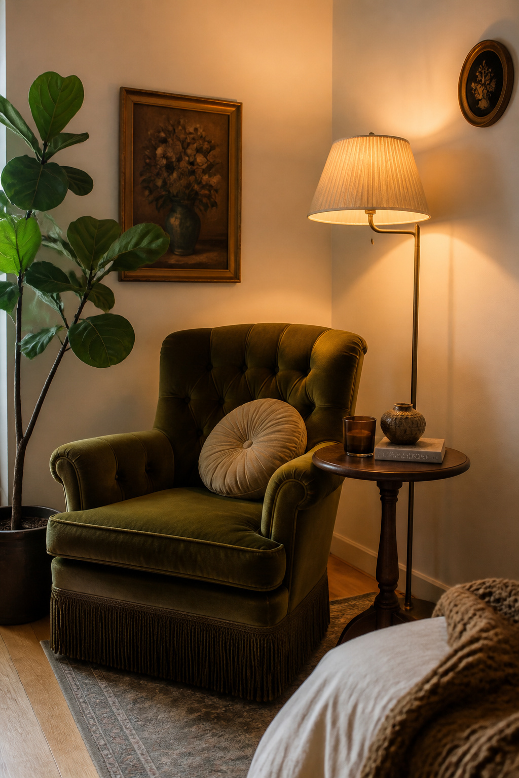 A vintage olive velvet armchair transforms a plain bedroom corner into a room with genuine character — thrift stores and estate sales regularly yield finds at a fraction of new furniture costs.