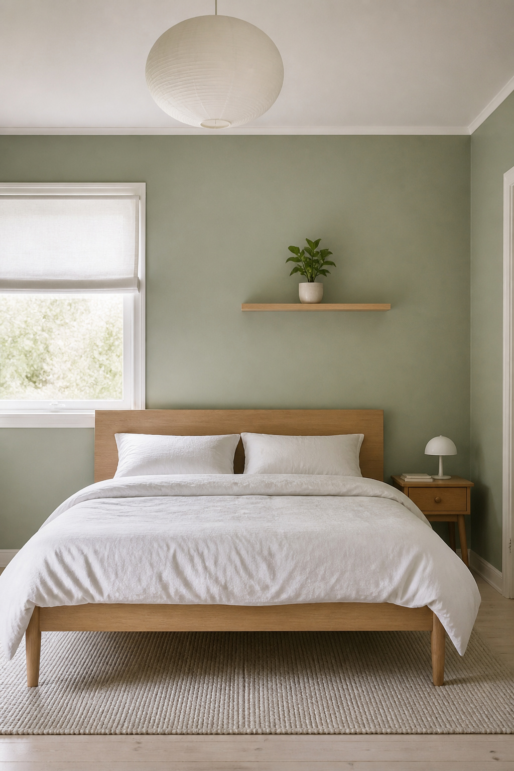 Natural wood and sage green create the classic Scandinavian biophilic bedroom palette — the restraint of the Scandi approach lets the combination breathe and speak quietly.