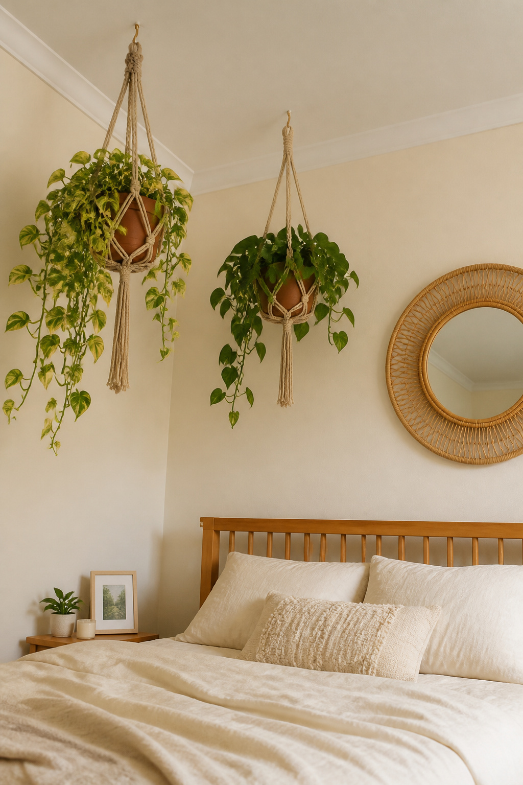 Ceiling-mounted plant hangers create a living, immersive quality in the bedroom — trailing pothos and philodendron bring the biophilic feeling into the vertical plane.