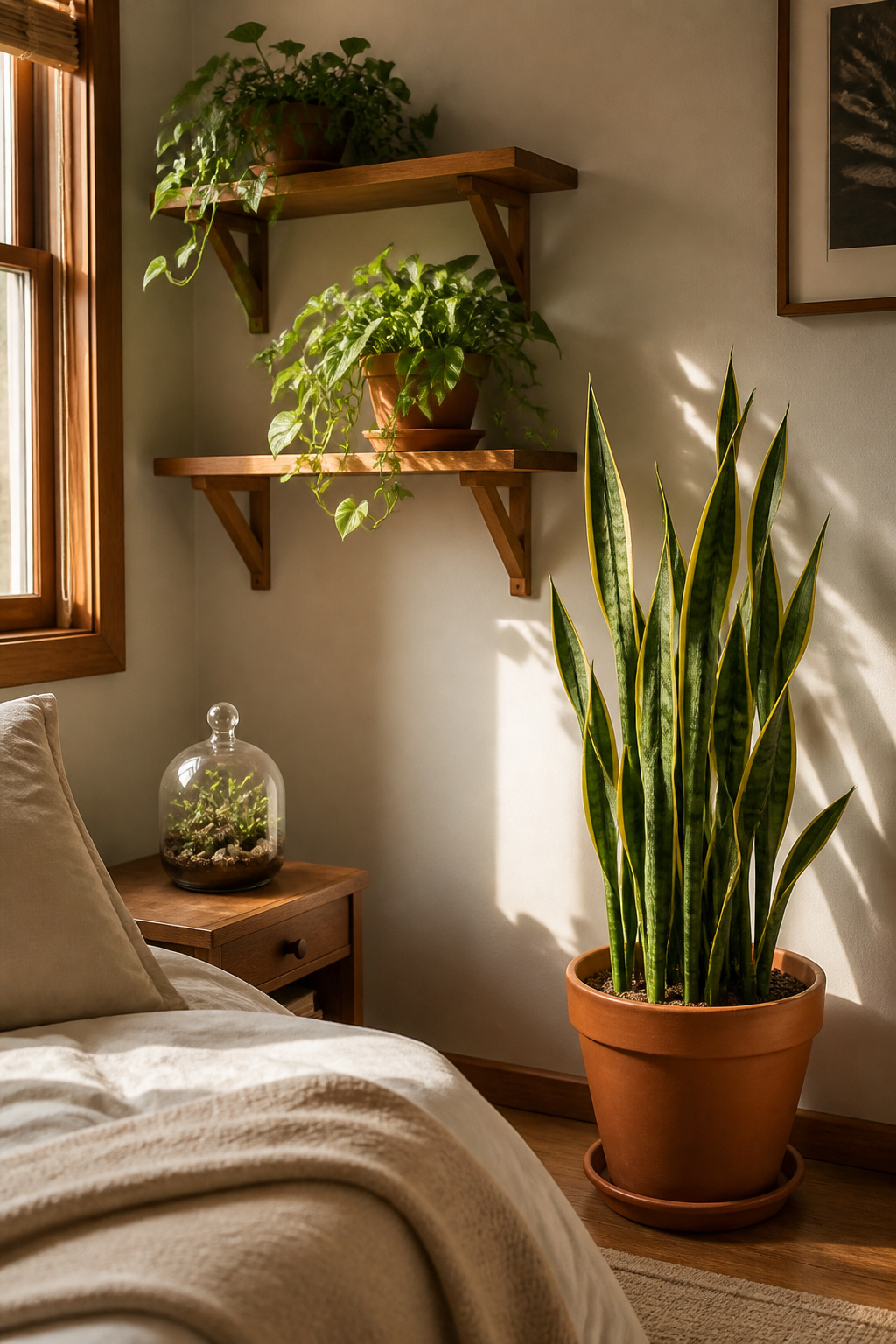 A layered plant display — tall snake plant, trailing pothos, small terrarium — adds genuine biophilic quality to a bedroom, improving air quality and creating visual depth.
