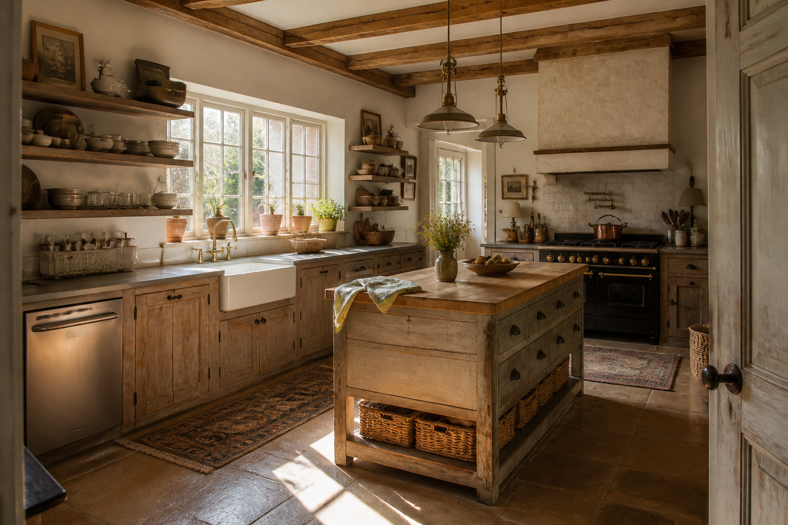 A sun-filled farmhouse kitchen where reclaimed wood, aged metals, and earned patina come together in a room that feels genuinely lived in — built over time with honest materials and considered choices.