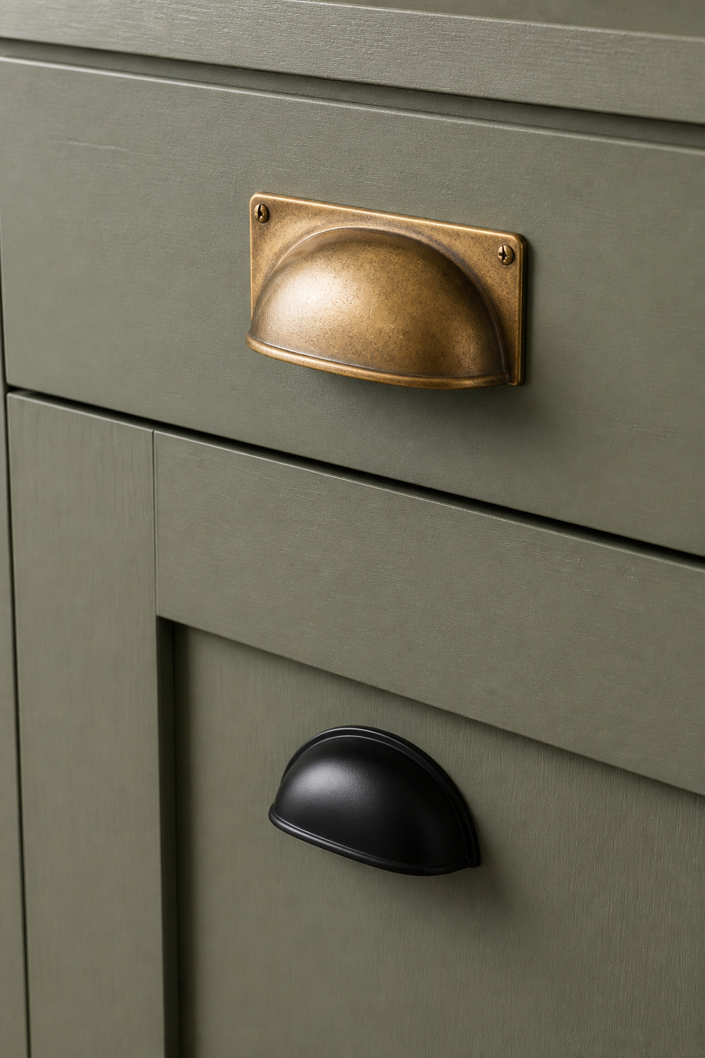 Unlacquered brass and matte black in deliberate combination give the rustic kitchen hardware depth that a single matching finish never achieves.