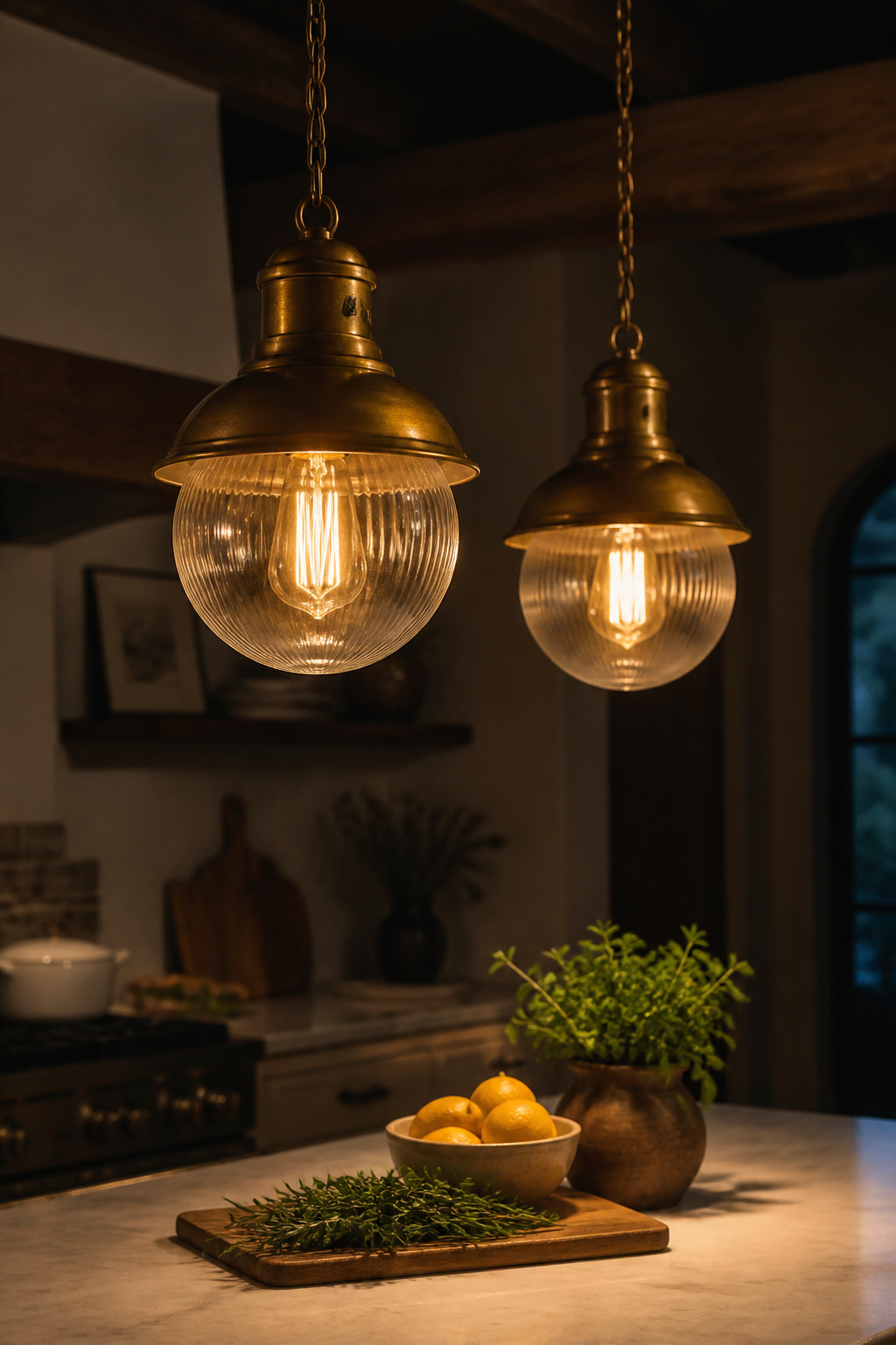 Two aged-brass schoolhouse pendants over the island shift the kitchen from lit to atmospheric — the quality of light matters as much as any material choice.
