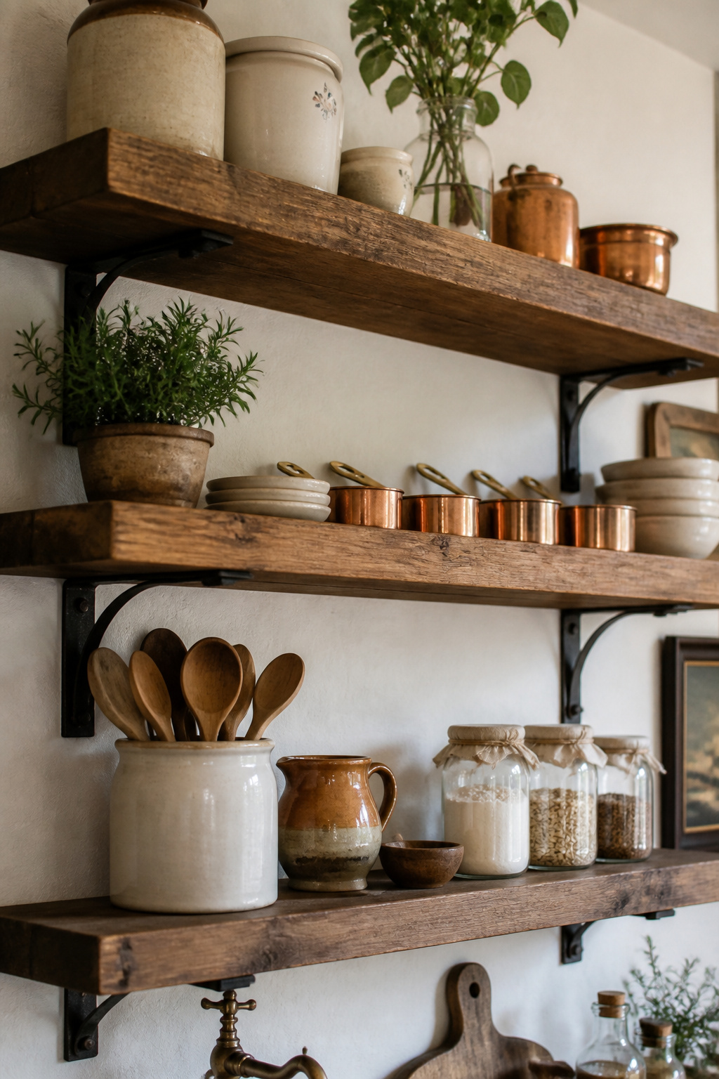 Reclaimed oak shelving with forged iron brackets earns its place through honest materials — each object chosen for use as much as appearance.