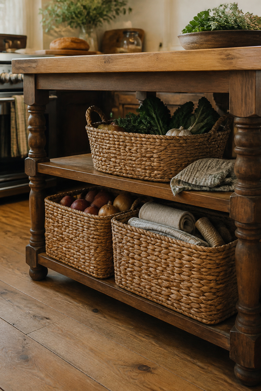 Seagrass baskets under the island solve a practical problem while adding organic texture that no engineered storage solution can replicate.